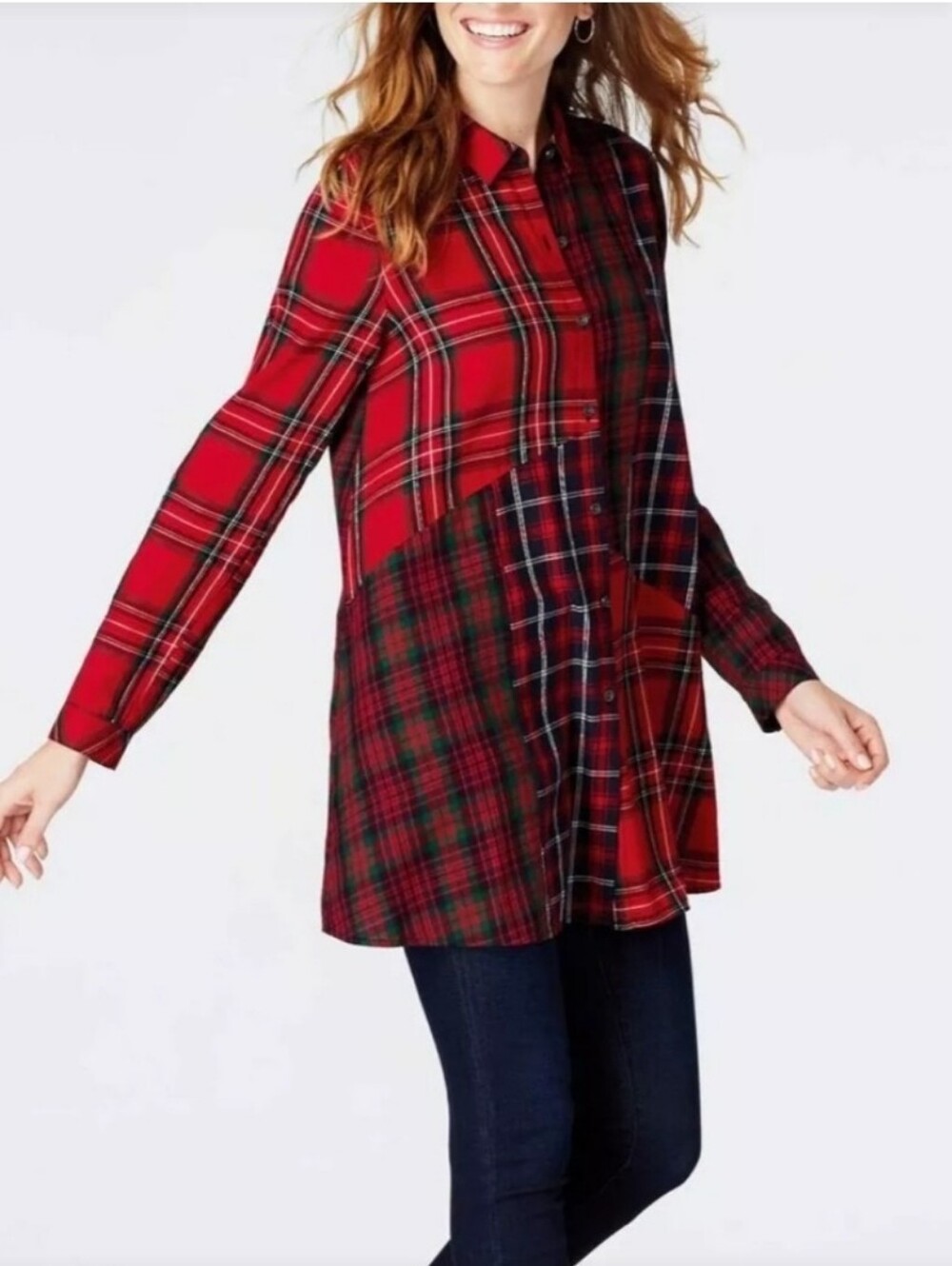 J.Jill Red Plaid Patchwork Tunic Blouse. Size S Tall